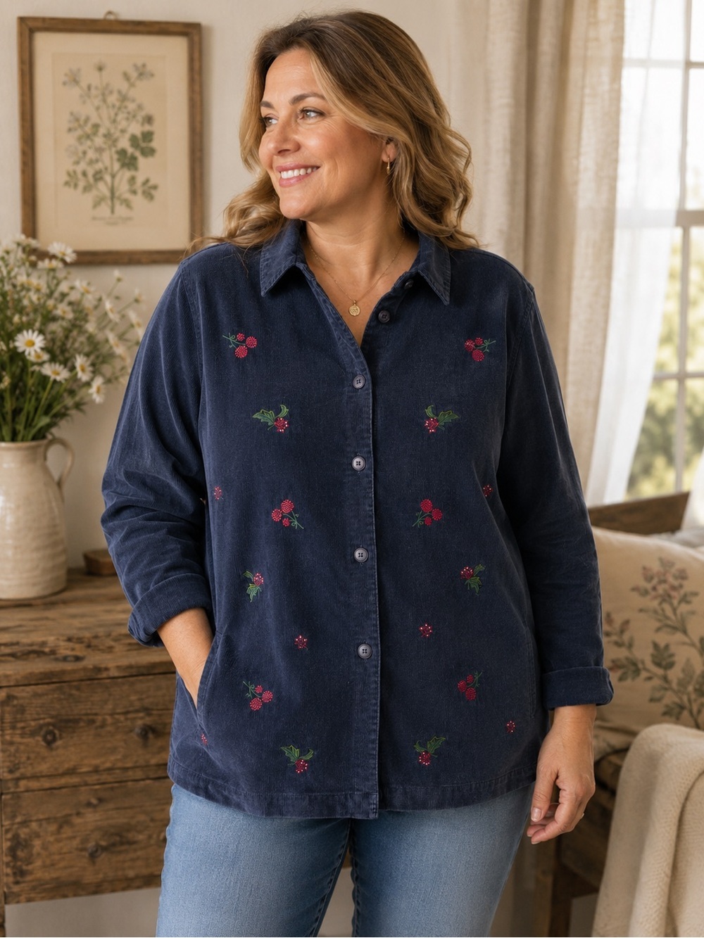 Embroidered Navy Button-Down Corduroy Shirt - Raspberry Detail